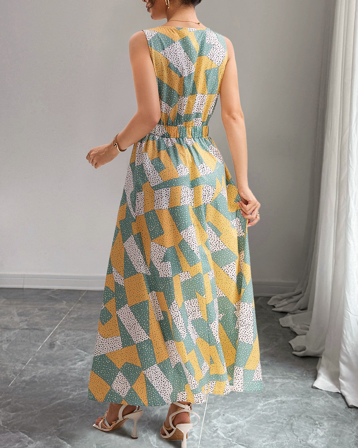Geometric Mosaic Print Sleeveless Maxi Dress - Yellow - 2