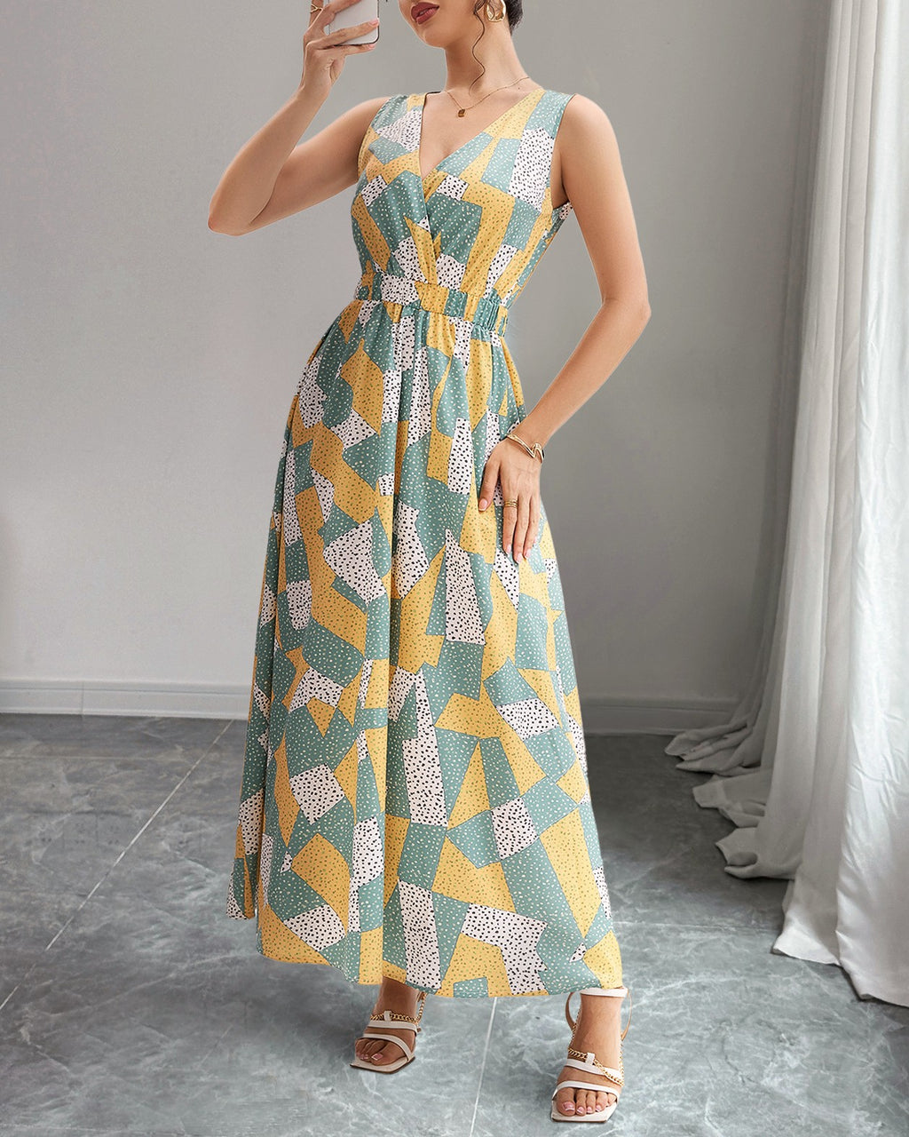 Geometric Mosaic Print Sleeveless Maxi Dress - Yellow - 3