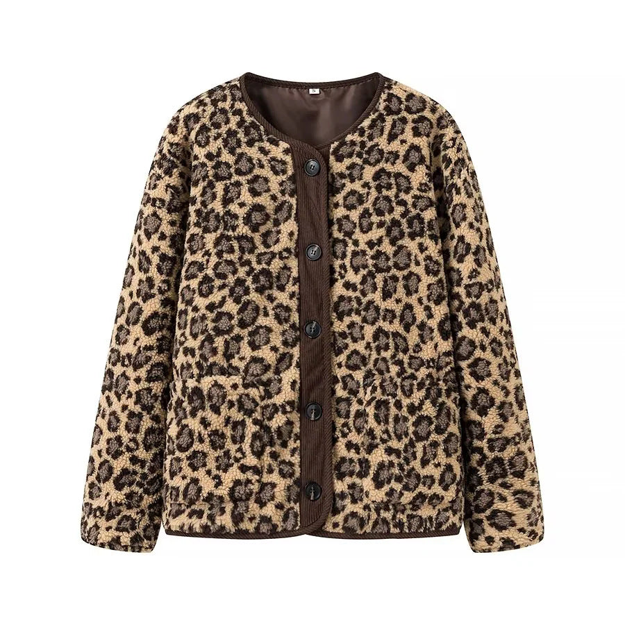 Leopard Sherpa Collarless Button Jacket - Brown