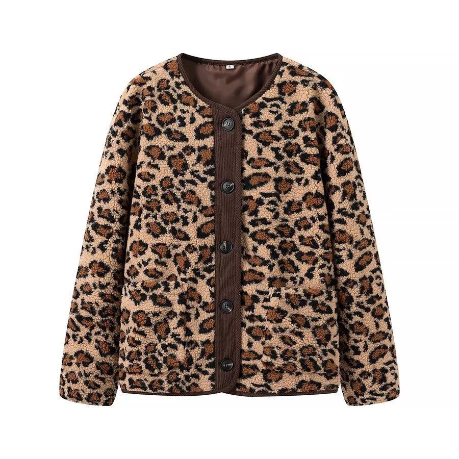 Leopard Sherpa Collarless Button Jacket - Coffee
