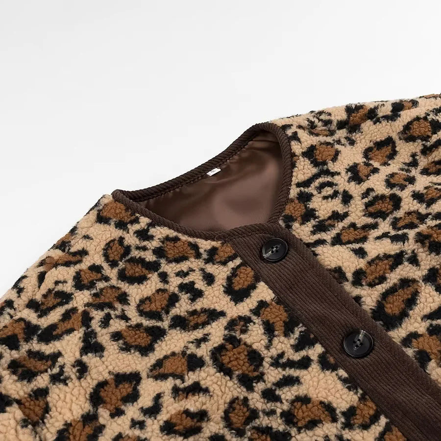 Leopard Sherpa Collarless Button Jacket - Coffee - 1