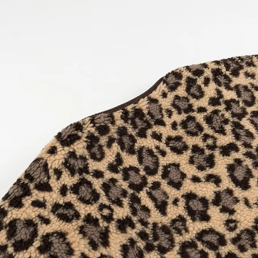 Leopard Sherpa Collarless Button Jacket - Coffee - 10