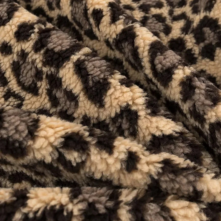 Leopard Sherpa Collarless Button Jacket - Coffee - 11