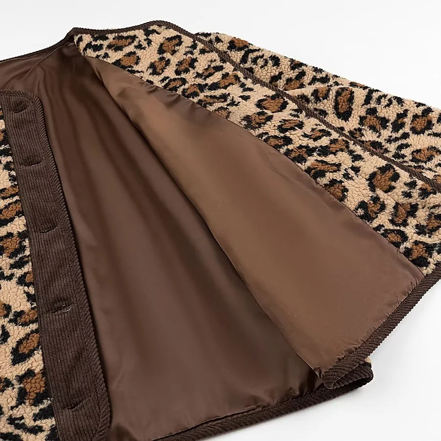 Leopard Sherpa Collarless Button Jacket - Coffee - 2