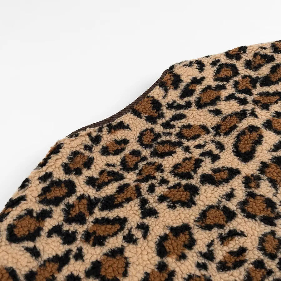 Leopard Sherpa Collarless Button Jacket - Coffee - 3