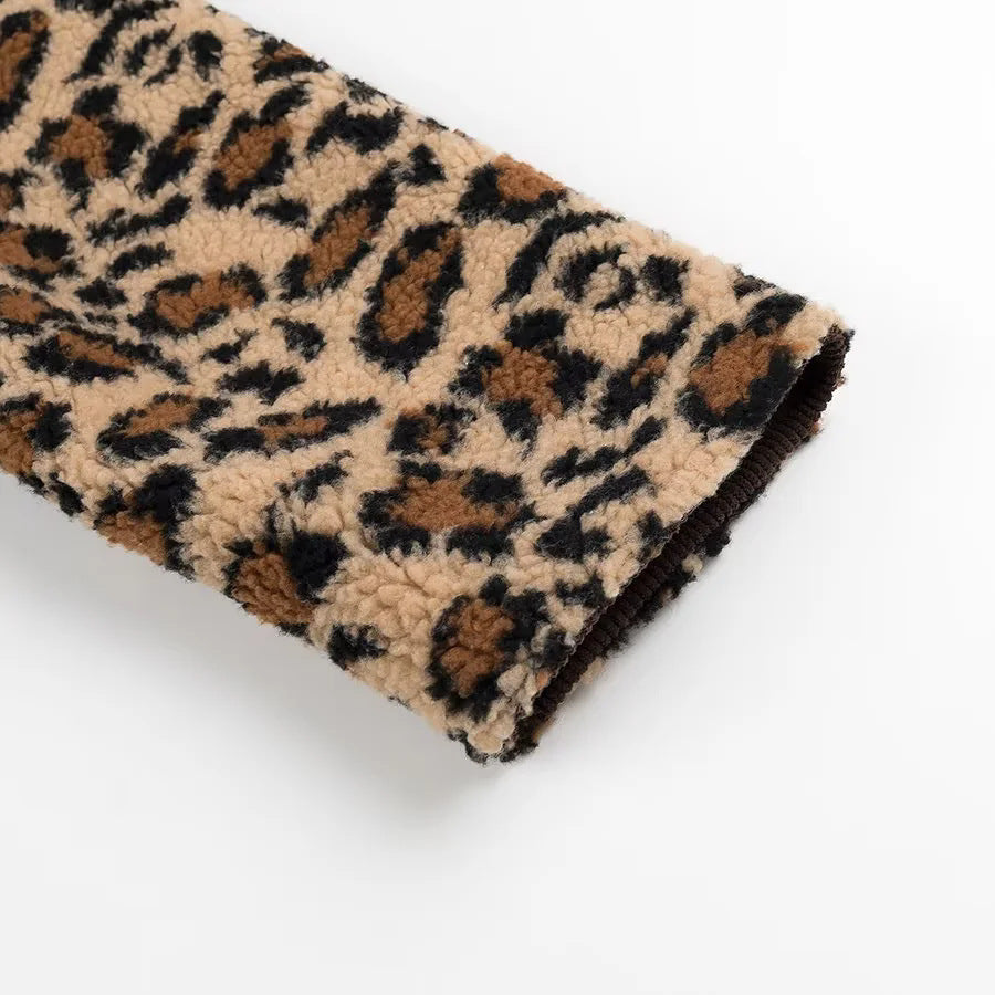 Leopard Sherpa Collarless Button Jacket - Coffee - 4