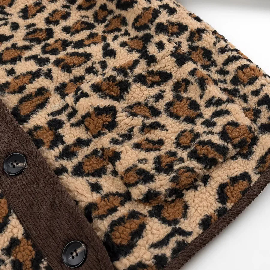 Leopard Sherpa Collarless Button Jacket - Coffee - 5
