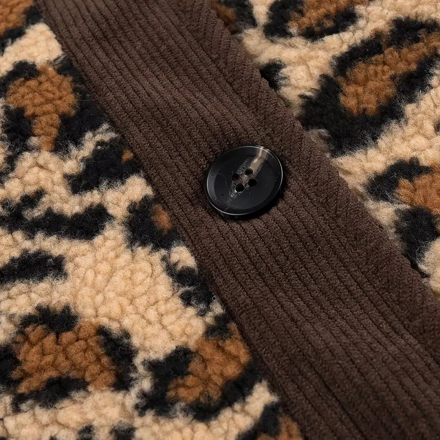 Leopard Sherpa Collarless Button Jacket - Coffee - 6