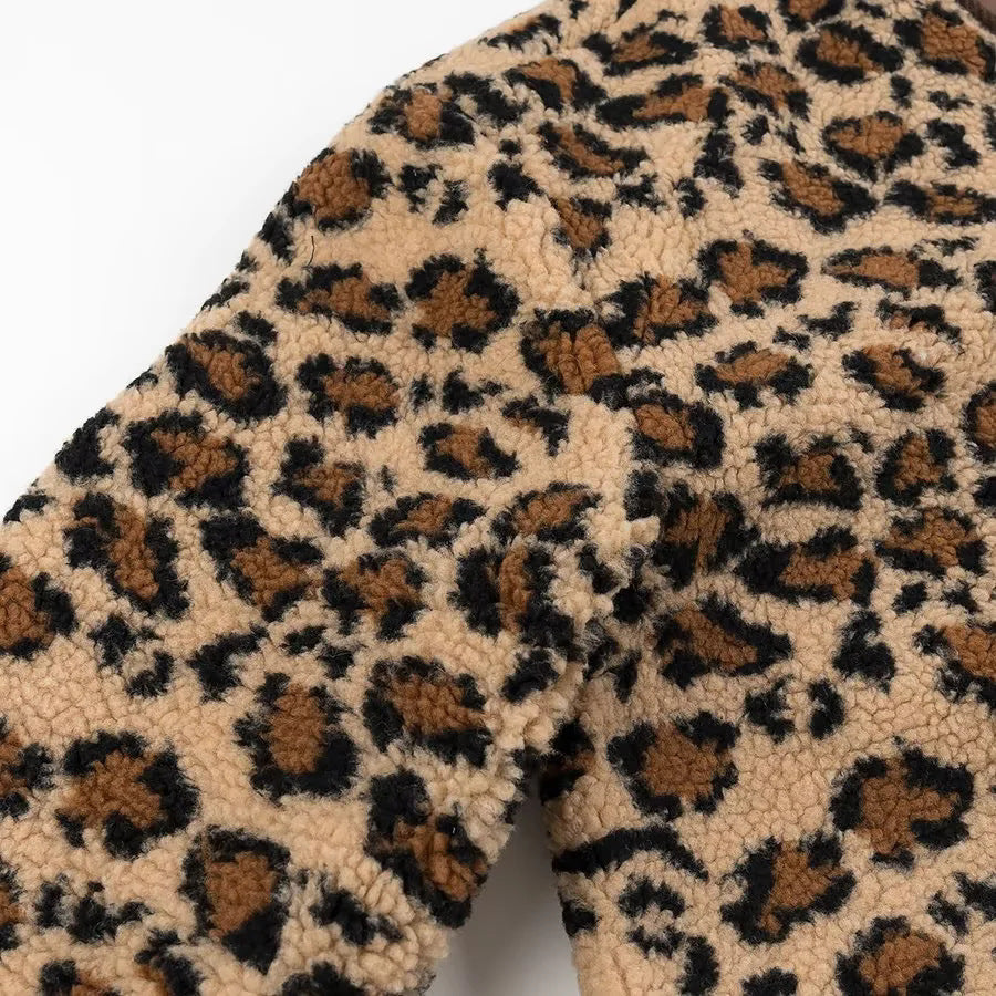 Leopard Sherpa Collarless Button Jacket - Coffee - 7