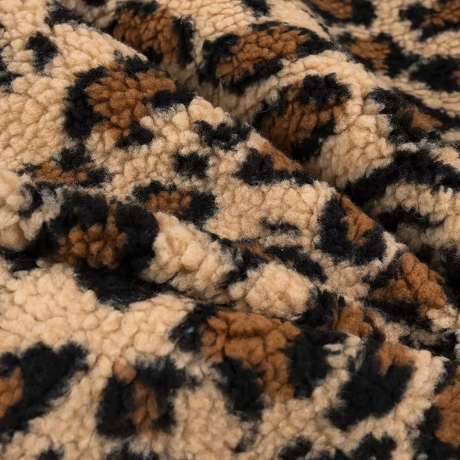 Leopard Sherpa Collarless Button Jacket - Coffee - 8