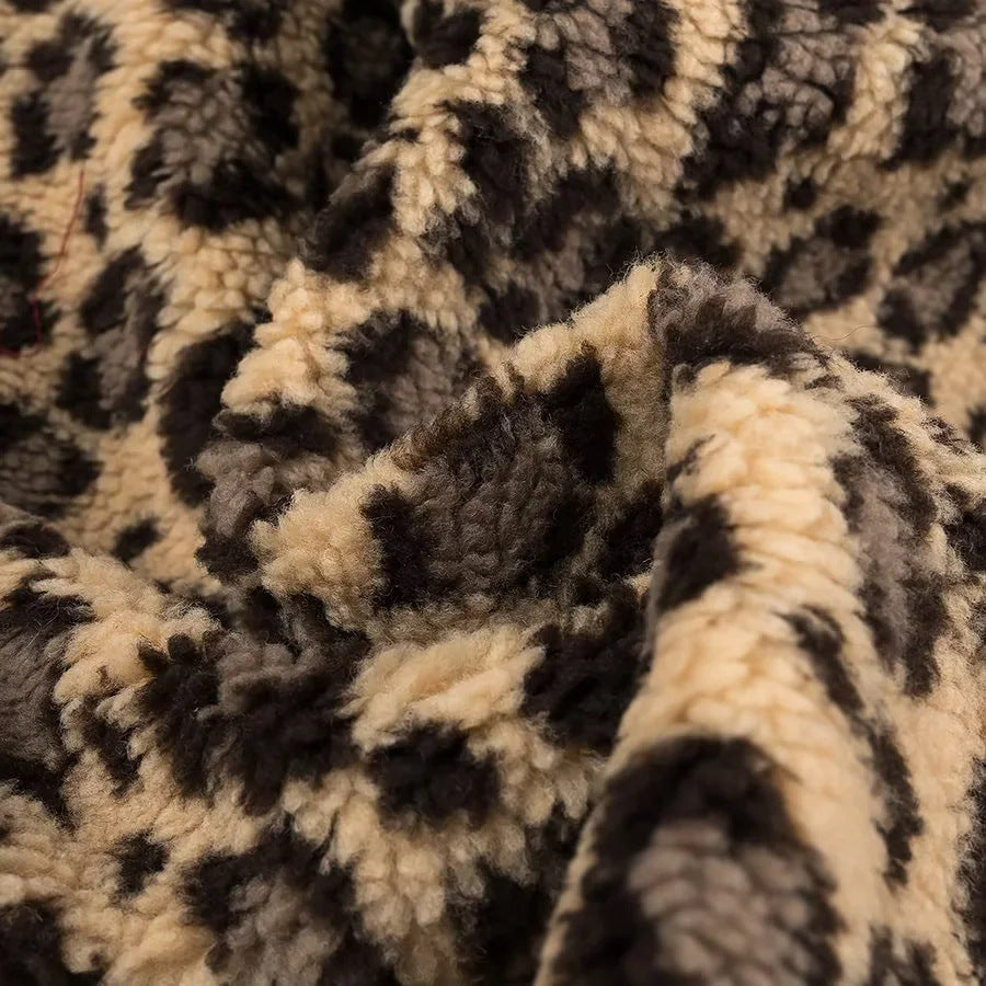 Leopard Sherpa Collarless Button Jacket - Coffee - 9
