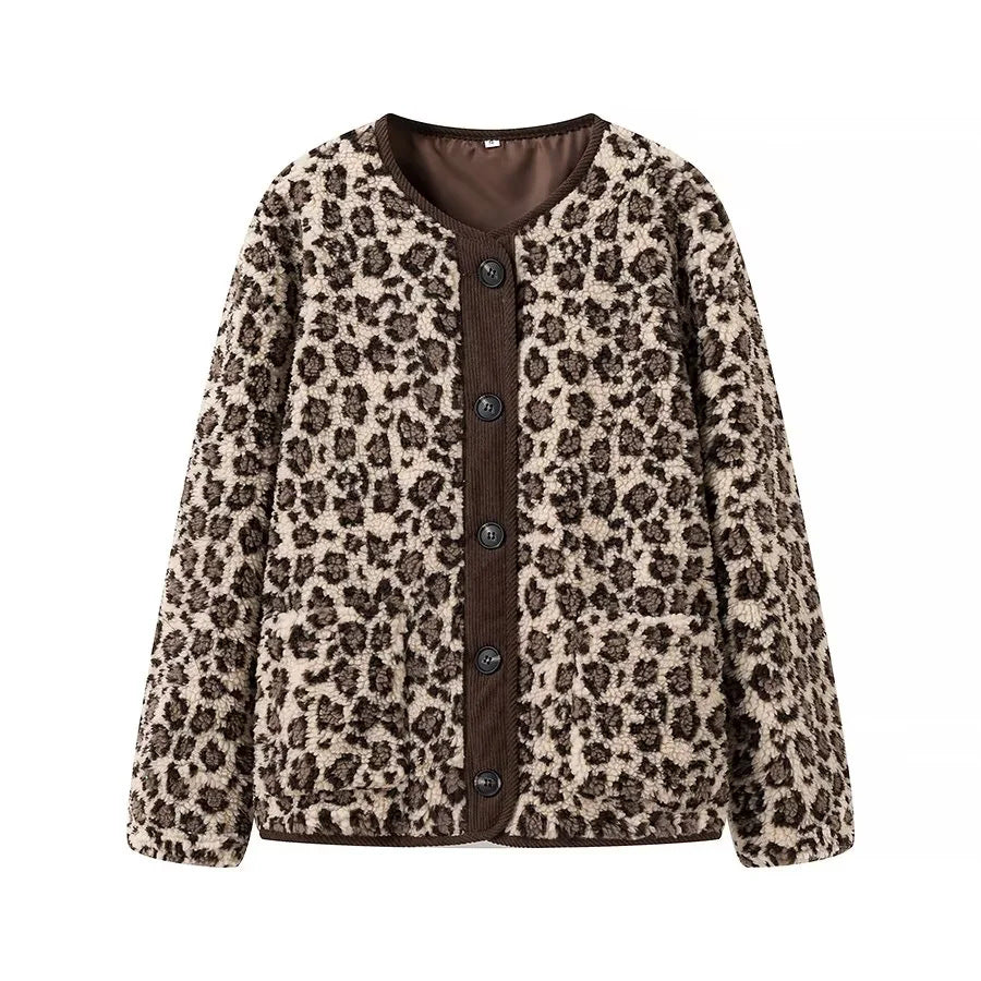 Leopard Sherpa Collarless Button Jacket - Khaki
