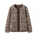 Leopard Sherpa Collarless Button Jacket - Khaki