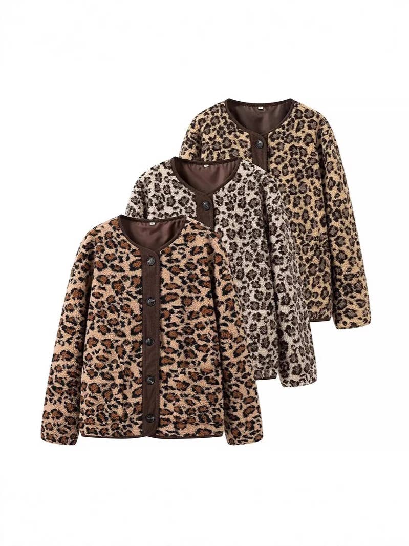 Leopard Sherpa Collarless Button Jacket