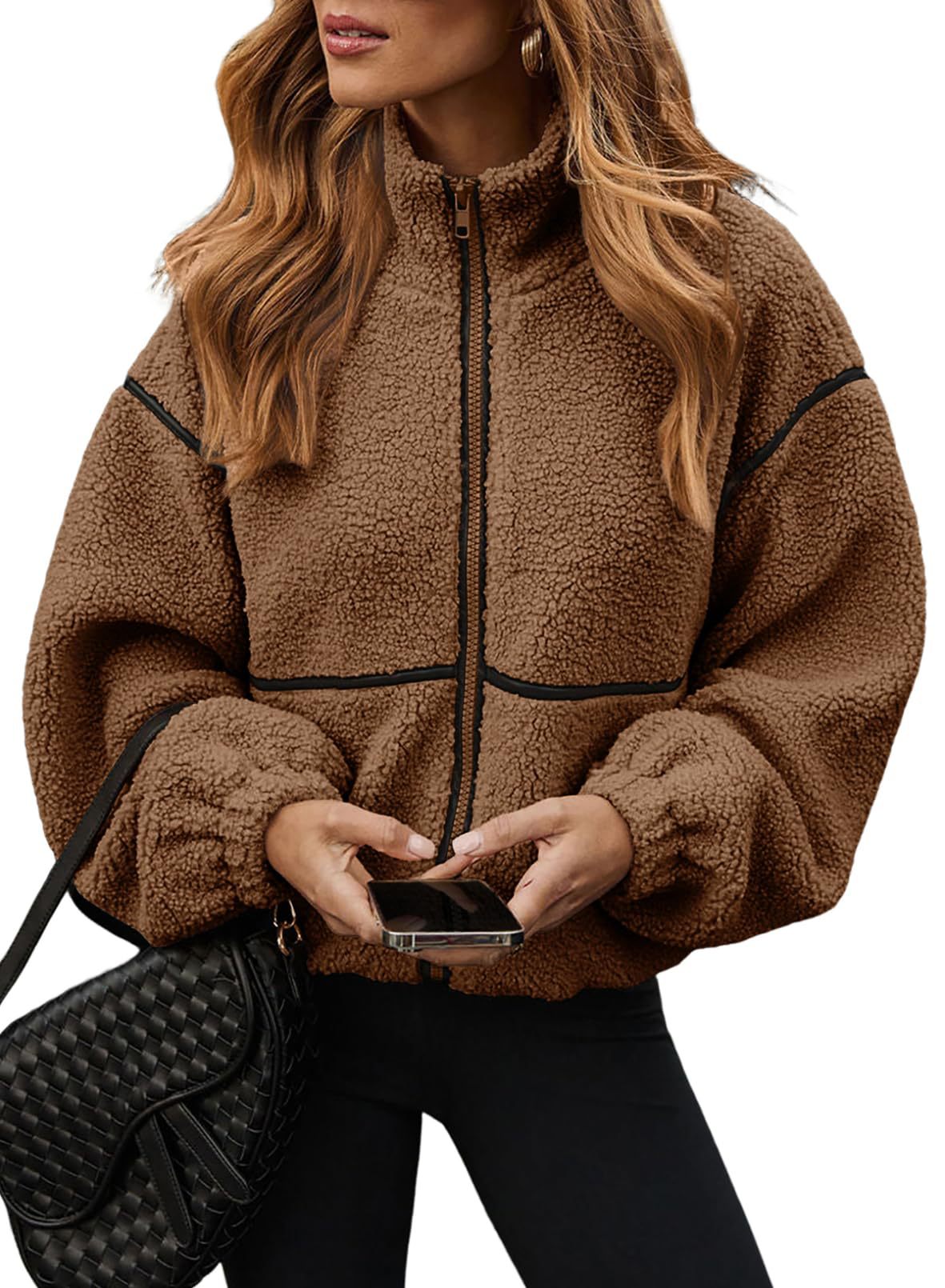 Contrast Trim Teddy Sherpa Zip Jacket - Brown