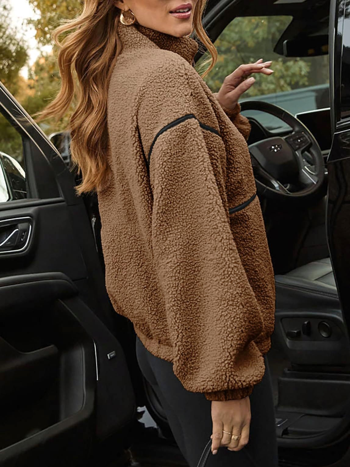 Contrast Trim Teddy Sherpa Zip Jacket - Brown - 2