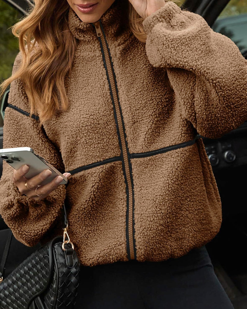 Contrast Trim Teddy Sherpa Zip Jacket - Brown - 3