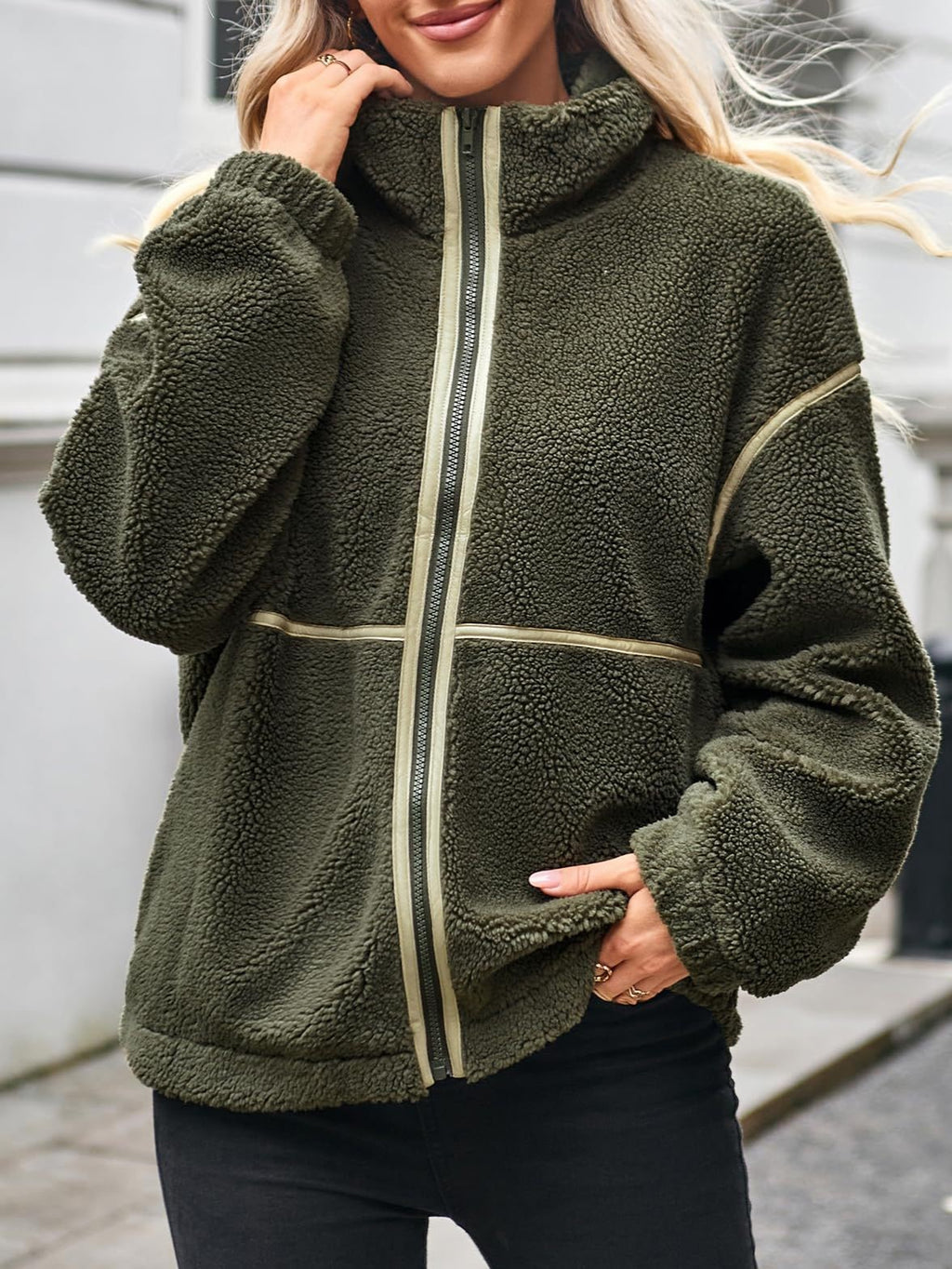 Contrast Trim Teddy Sherpa Zip Jacket - DkGreen