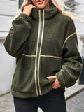 Contrast Trim Teddy Sherpa Zip Jacket - DkGreen
