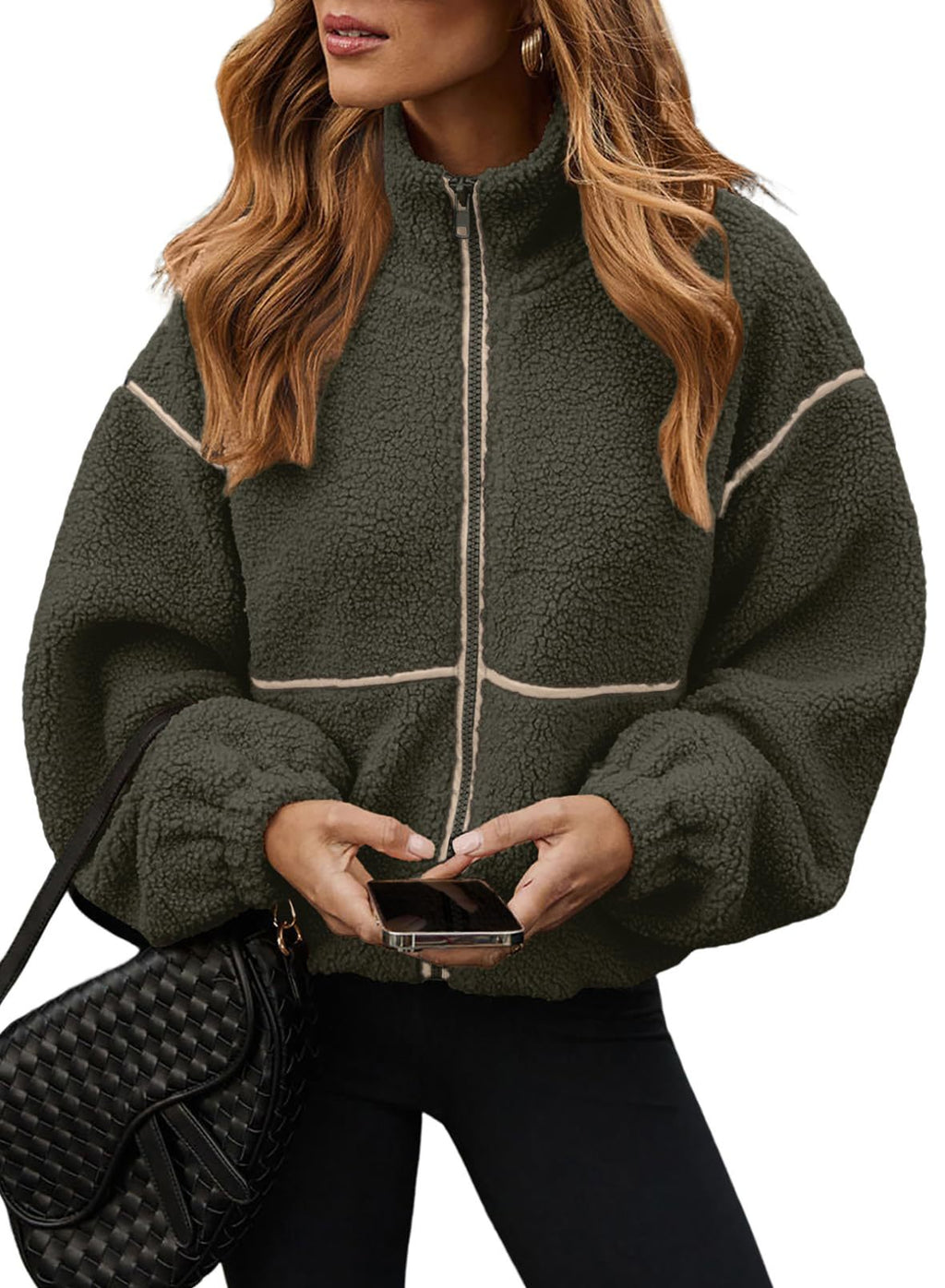 Contrast Trim Teddy Sherpa Zip Jacket - DkGreen - 1