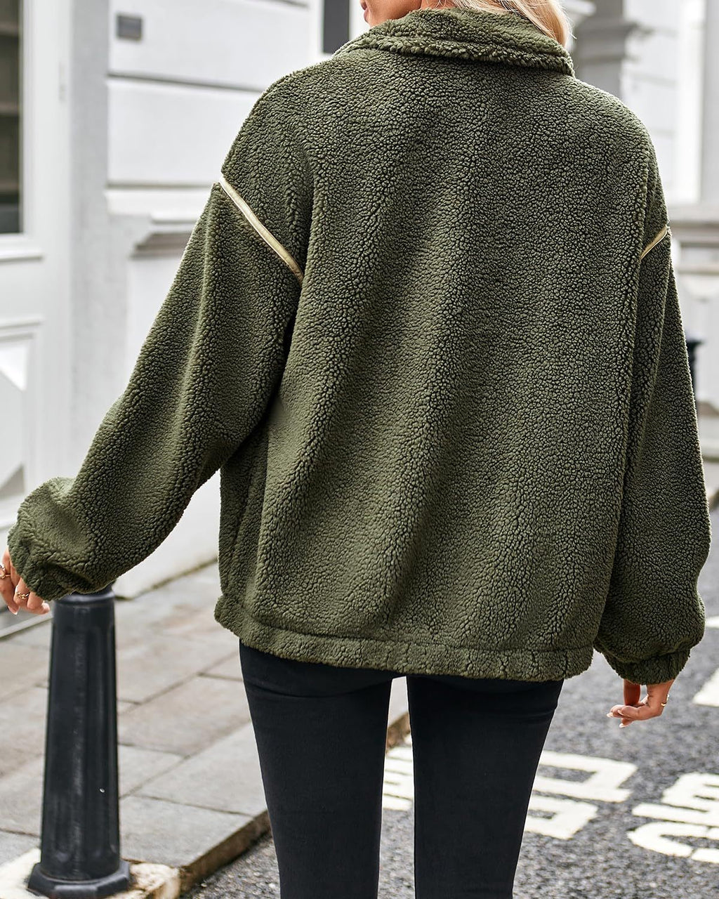 Contrast Trim Teddy Sherpa Zip Jacket - DkGreen - 2