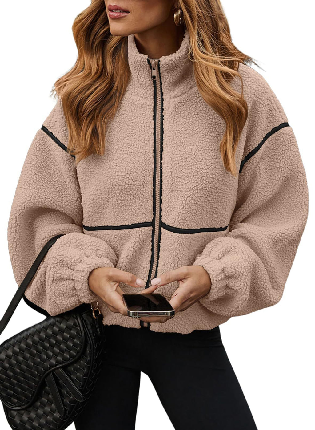 Contrast Trim Teddy Sherpa Zip Jacket - Khaki