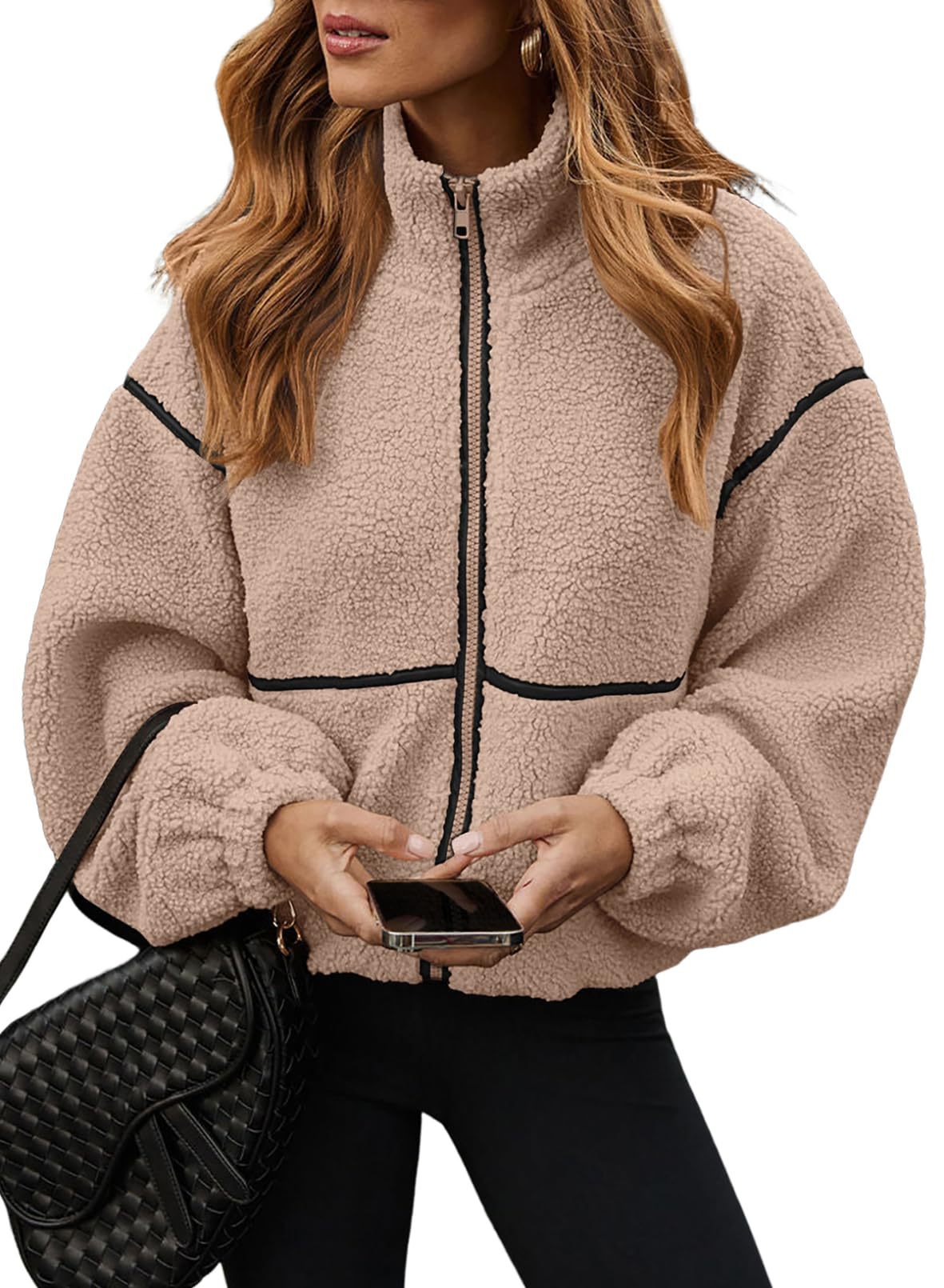 Contrast Trim Teddy Sherpa Zip Jacket - Khaki
