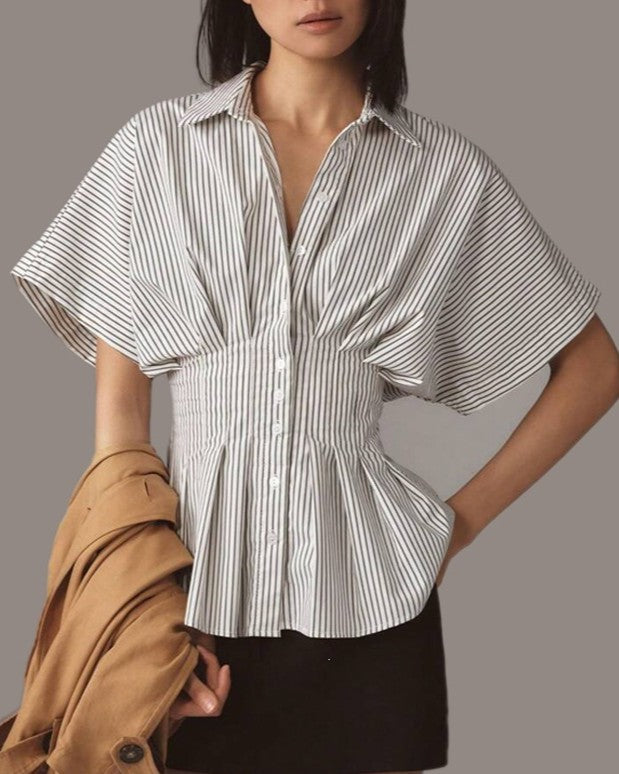Cinched Waist Pinstripe Peplum Shirt - Black