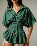 Cinched Waist Pinstripe Peplum Shirt - Green