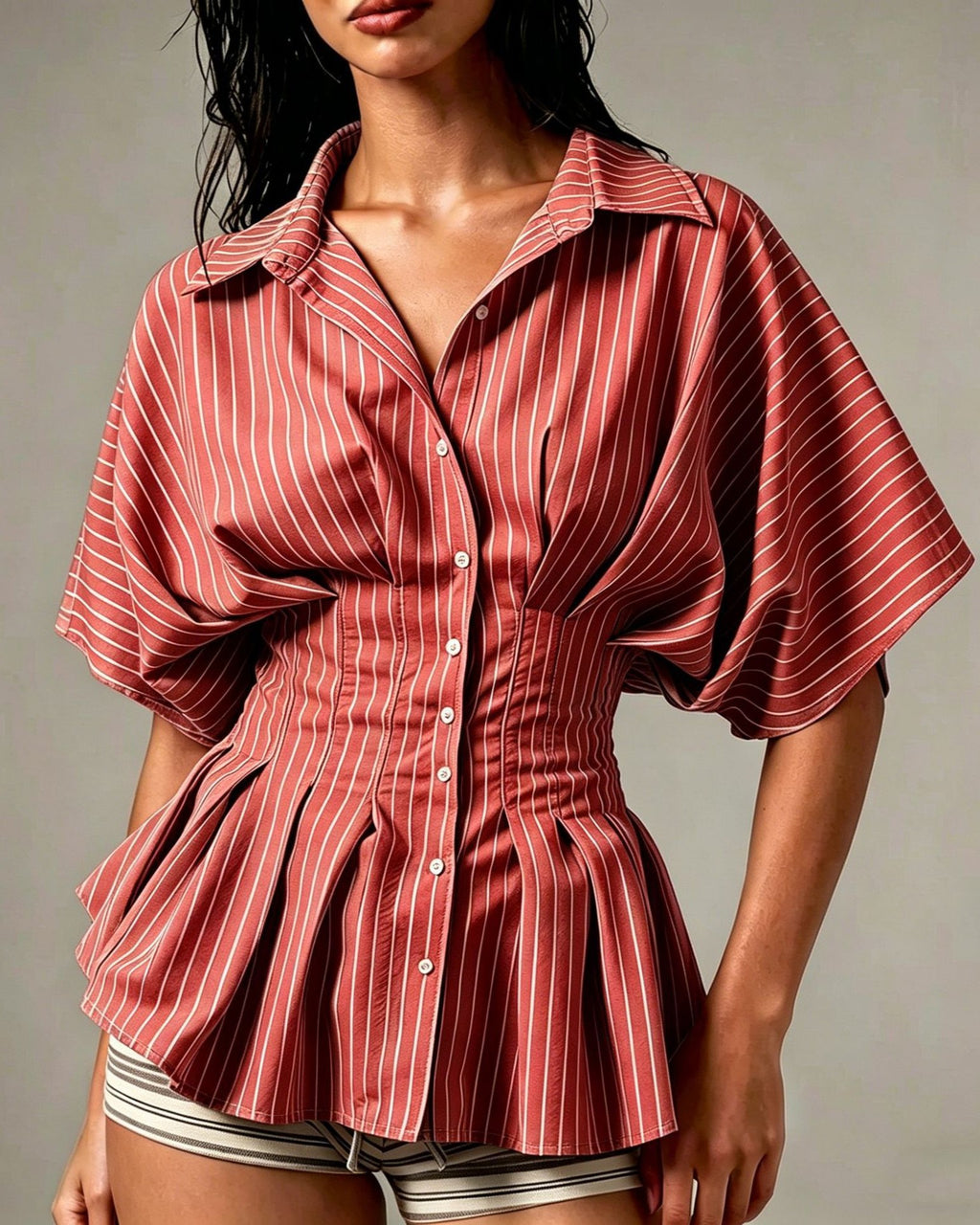 Cinched Waist Pinstripe Peplum Shirt - Red