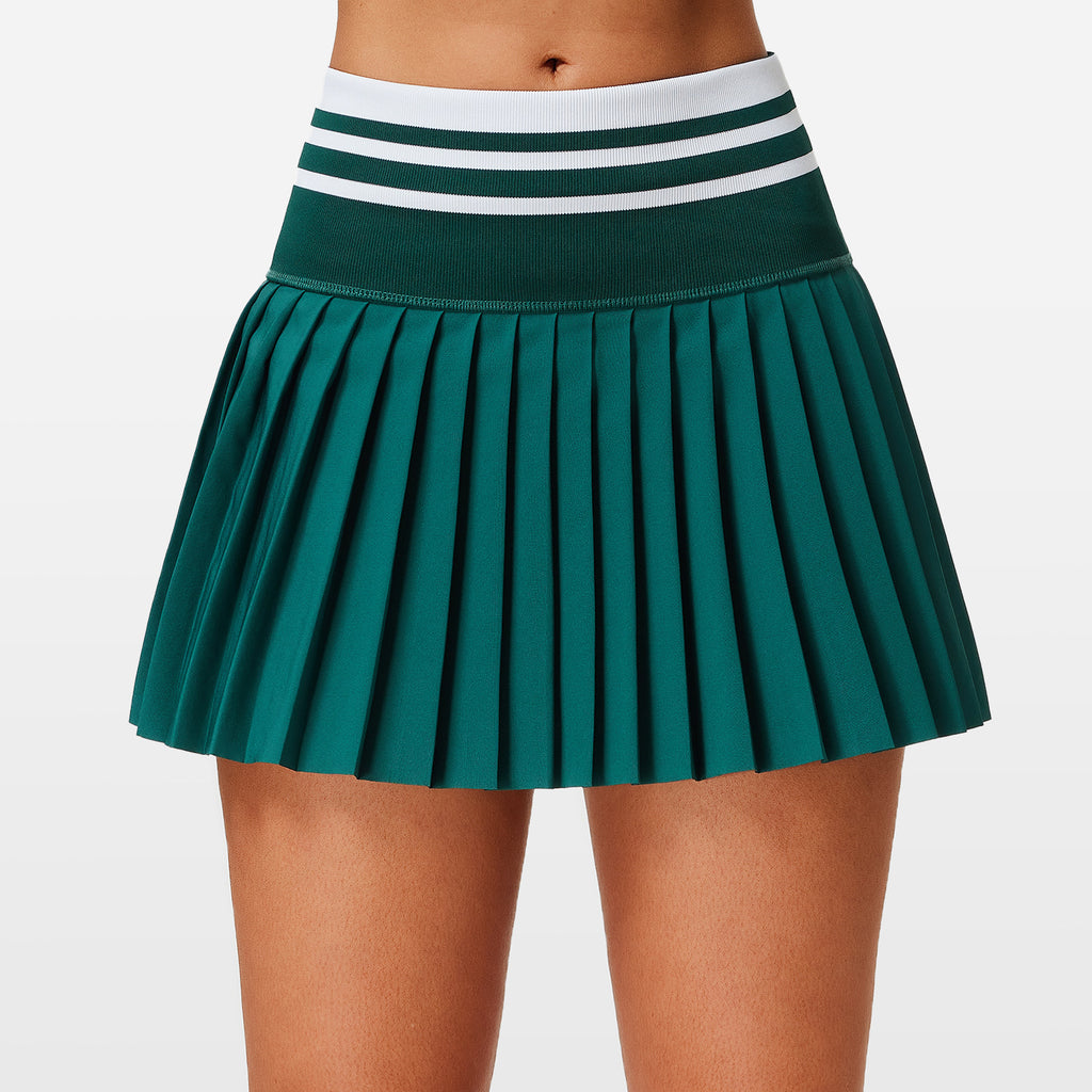 Striped Waistband Pleated Tennis Skirt - Green