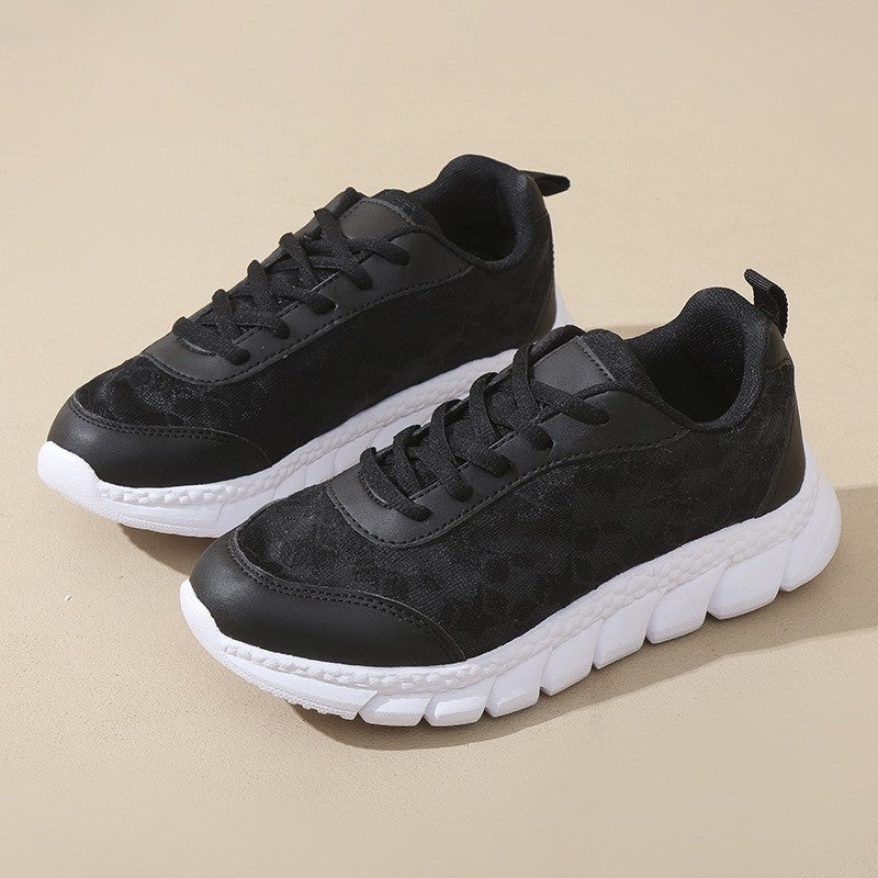 Floral Mesh Lace-Up Walking Sneakers - Black