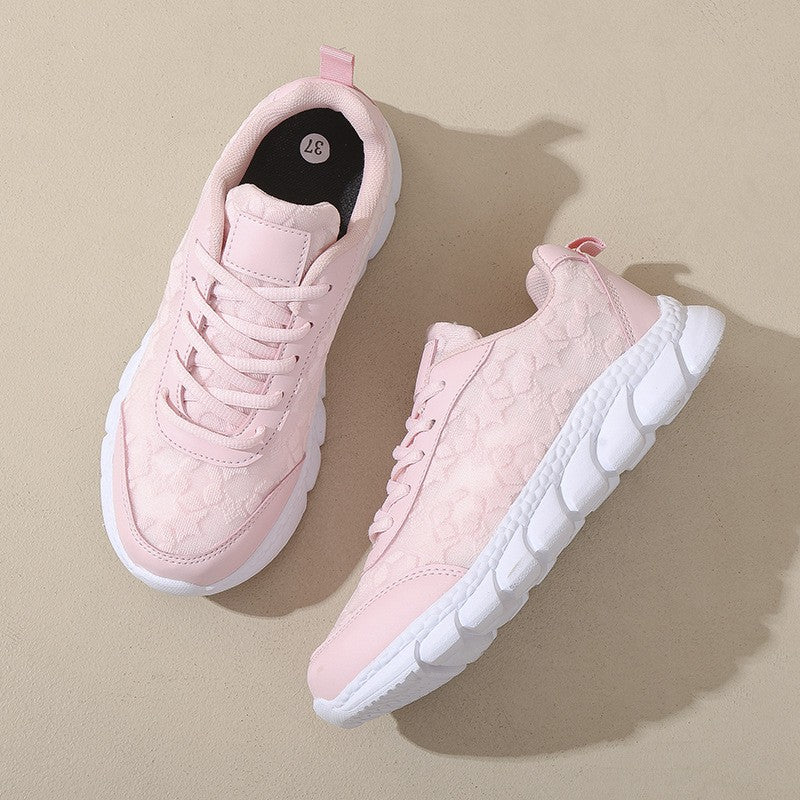 Floral Mesh Lace-Up Walking Sneakers - Pink