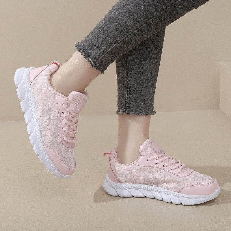 Floral Mesh Lace-Up Walking Sneakers