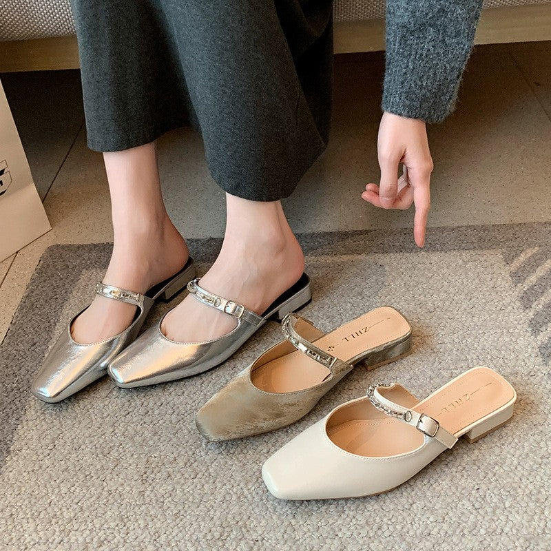 Jeweled Strap Square Toe Mary Jane Mules