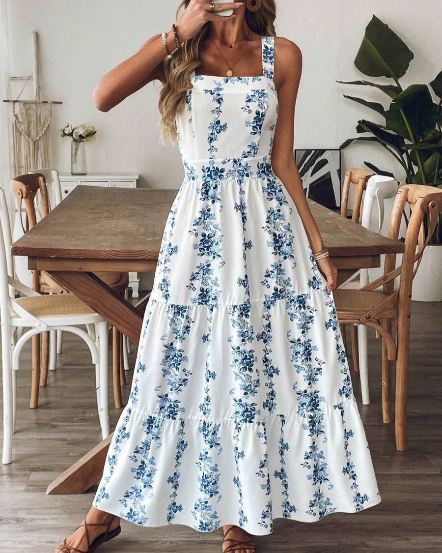 Floral Square Neck Tiered Maxi Sundress - Blue