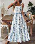 Floral Square Neck Tiered Maxi Sundress - Blue