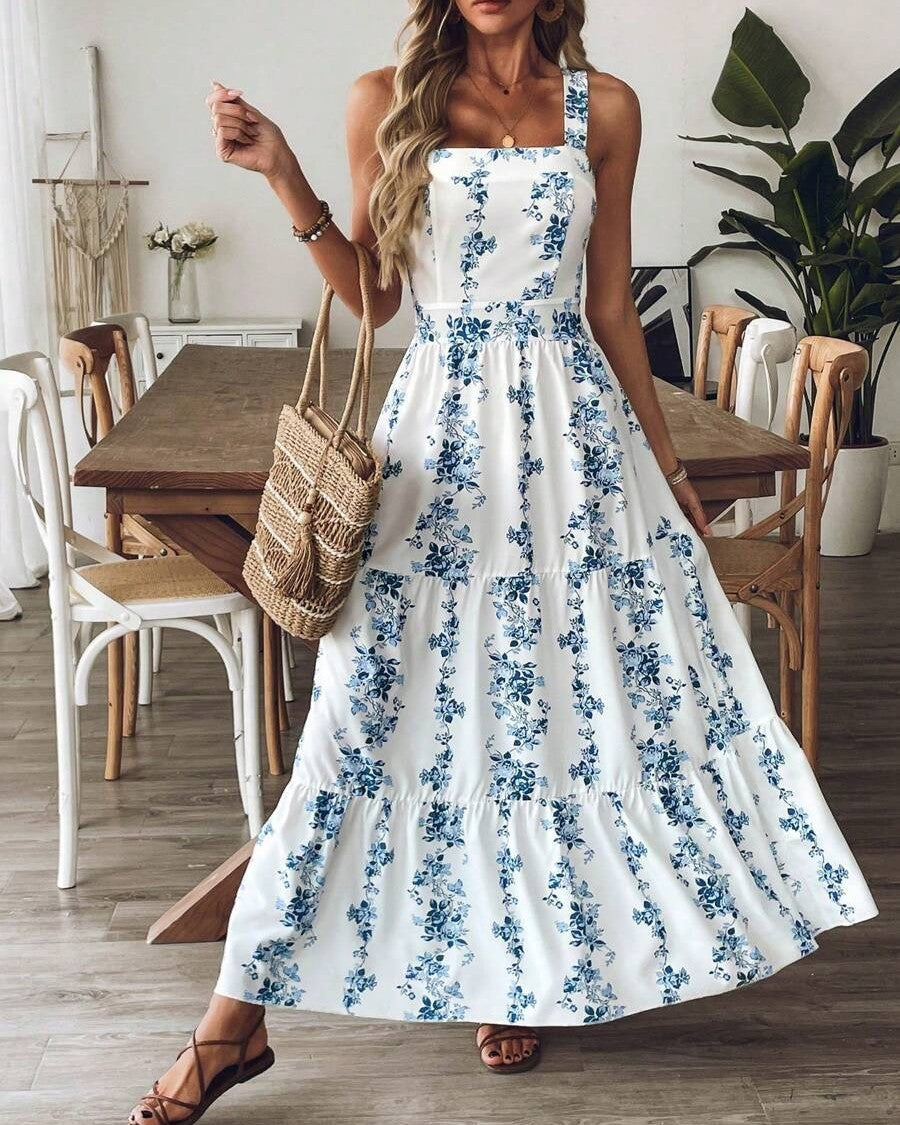Floral Square Neck Tiered Maxi Sundress - Blue - 1