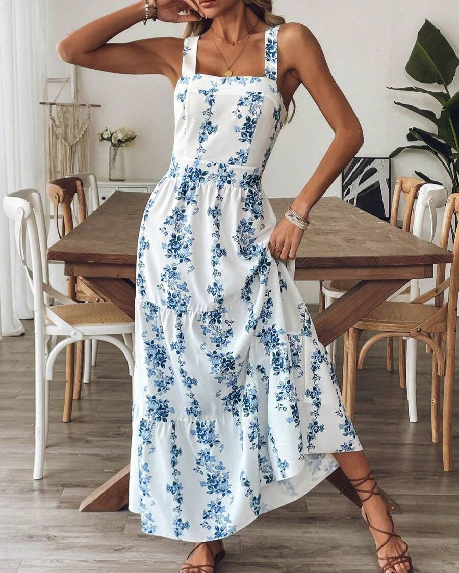 Floral Square Neck Tiered Maxi Sundress - Blue - 2