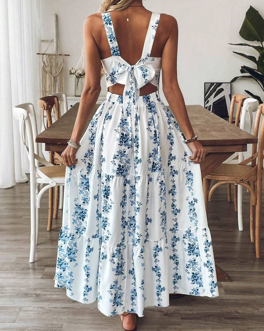 Floral Square Neck Tiered Maxi Sundress - Blue - 3