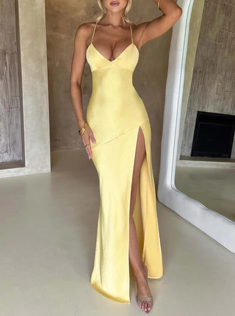 Satin Lace-Up Open Back Thigh Slit Maxi Slip Dress - Butter Yellow