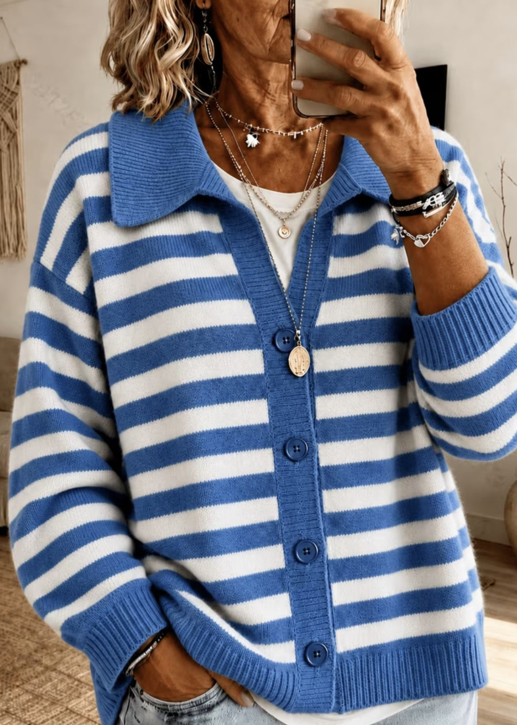 Rugby Stripe Collared Knit Cardigan - DarkBlue