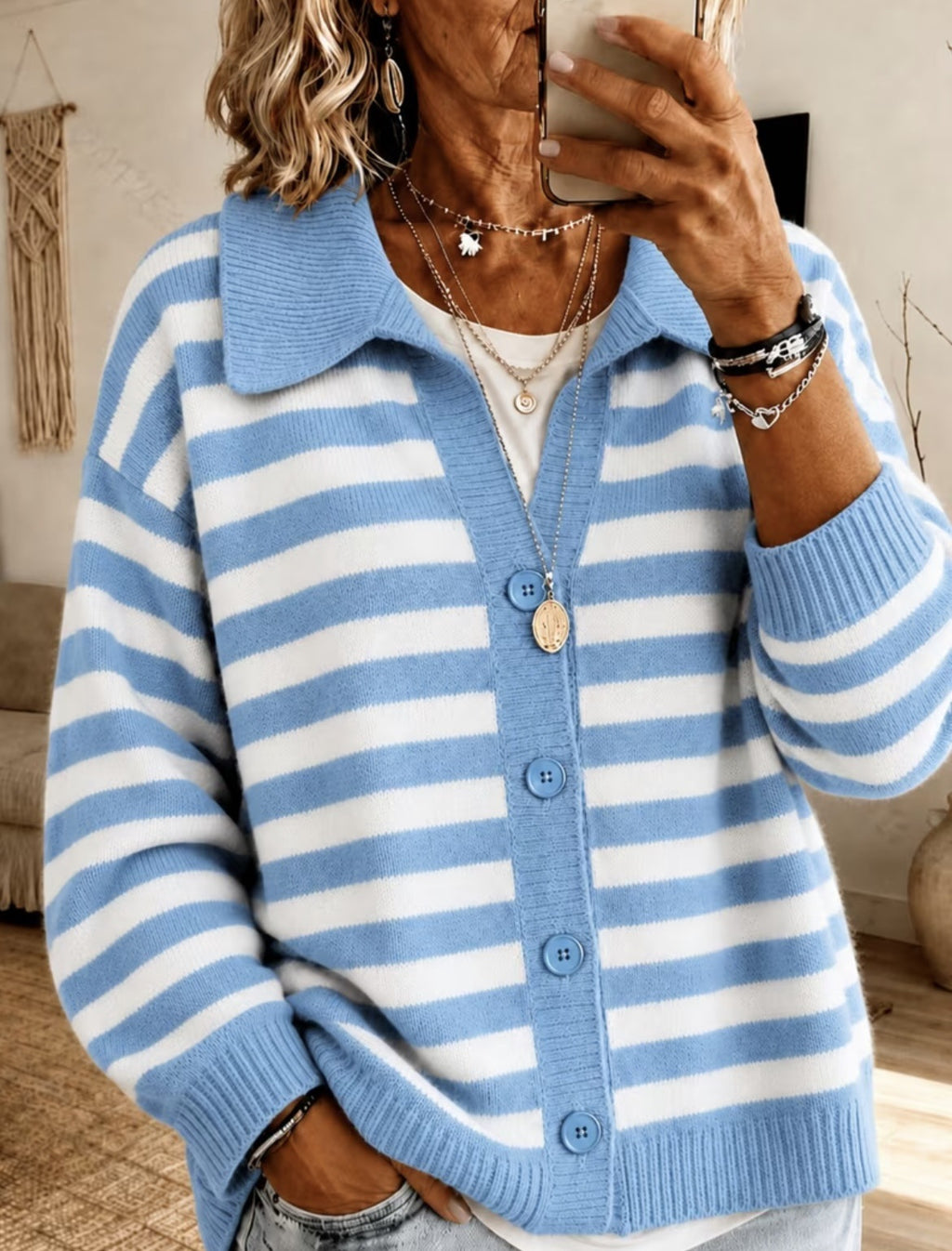 Rugby Stripe Collared Knit Cardigan - LightBlue