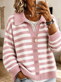 Rugby Stripe Collared Knit Cardigan - Pink