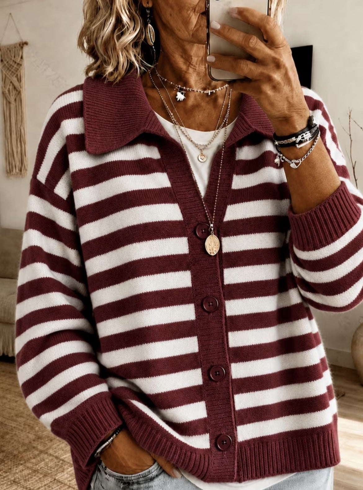 Rugby Stripe Collared Knit Cardigan - Red