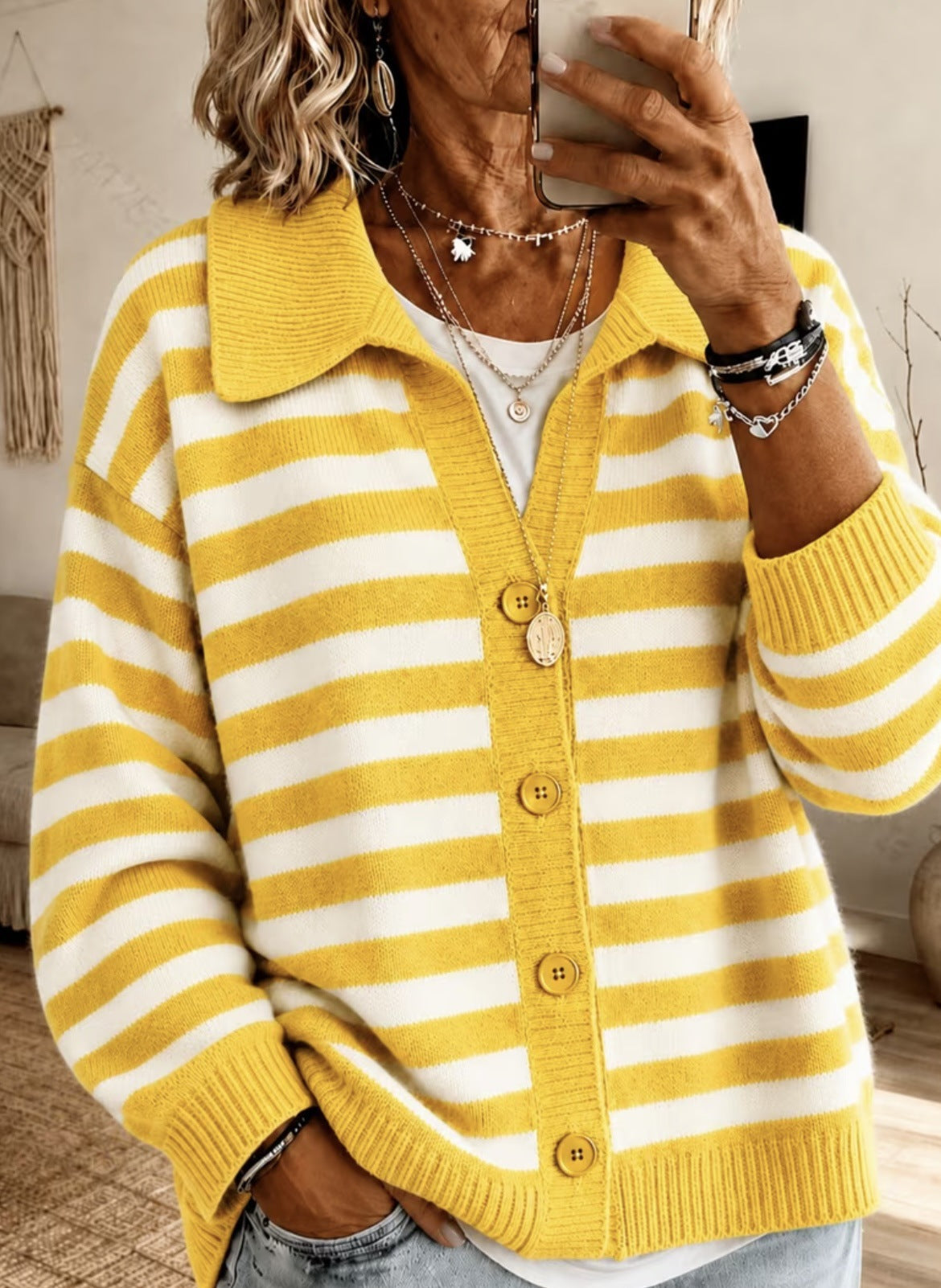 Rugby Stripe Collared Knit Cardigan - Yellow