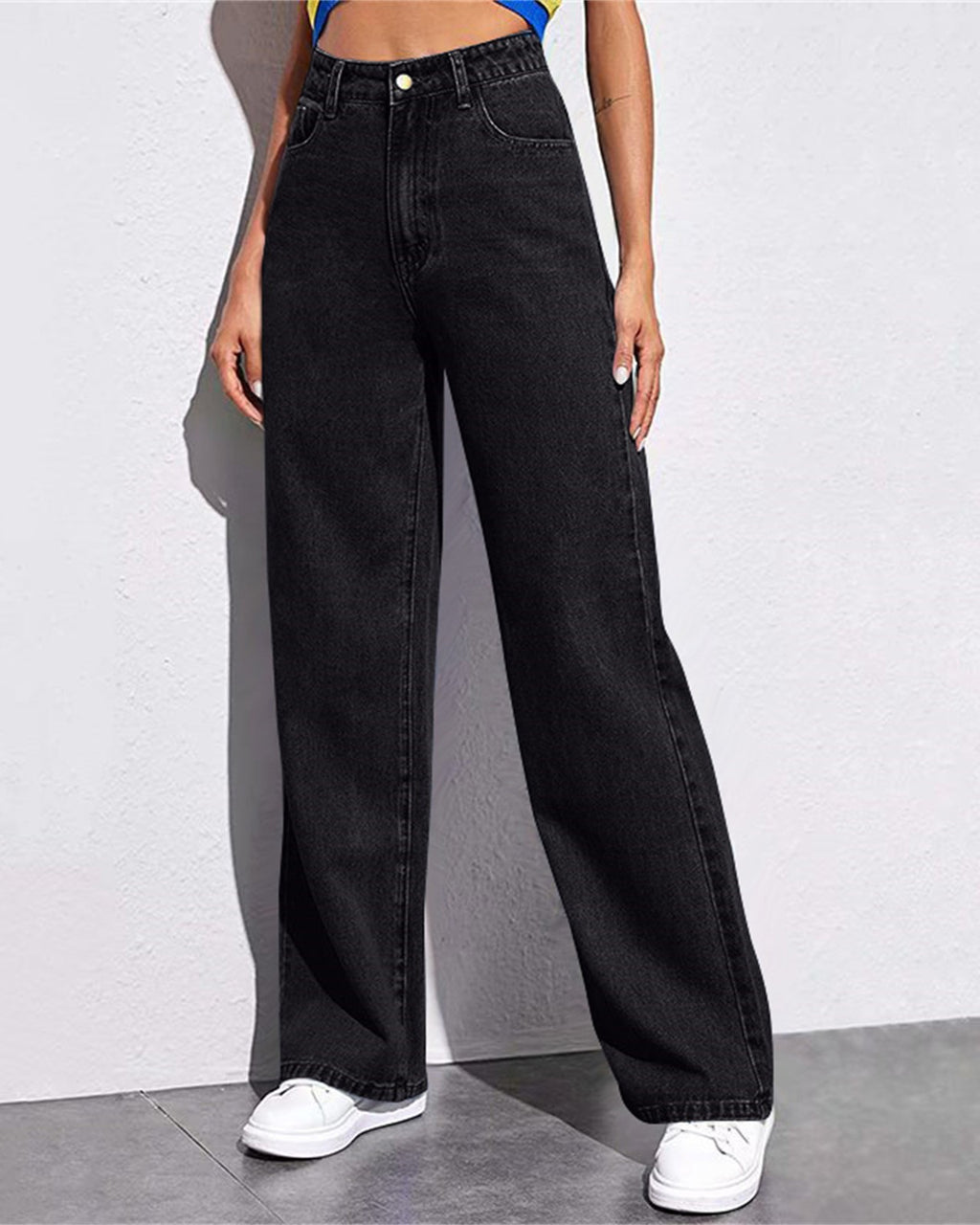 Classic High Rise Straight Wide Leg Jeans - Black