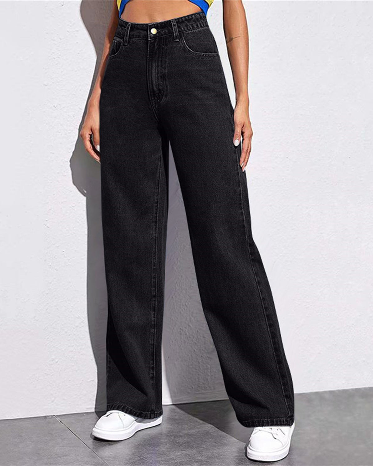 Classic High Rise Straight Wide Leg Jeans - Black