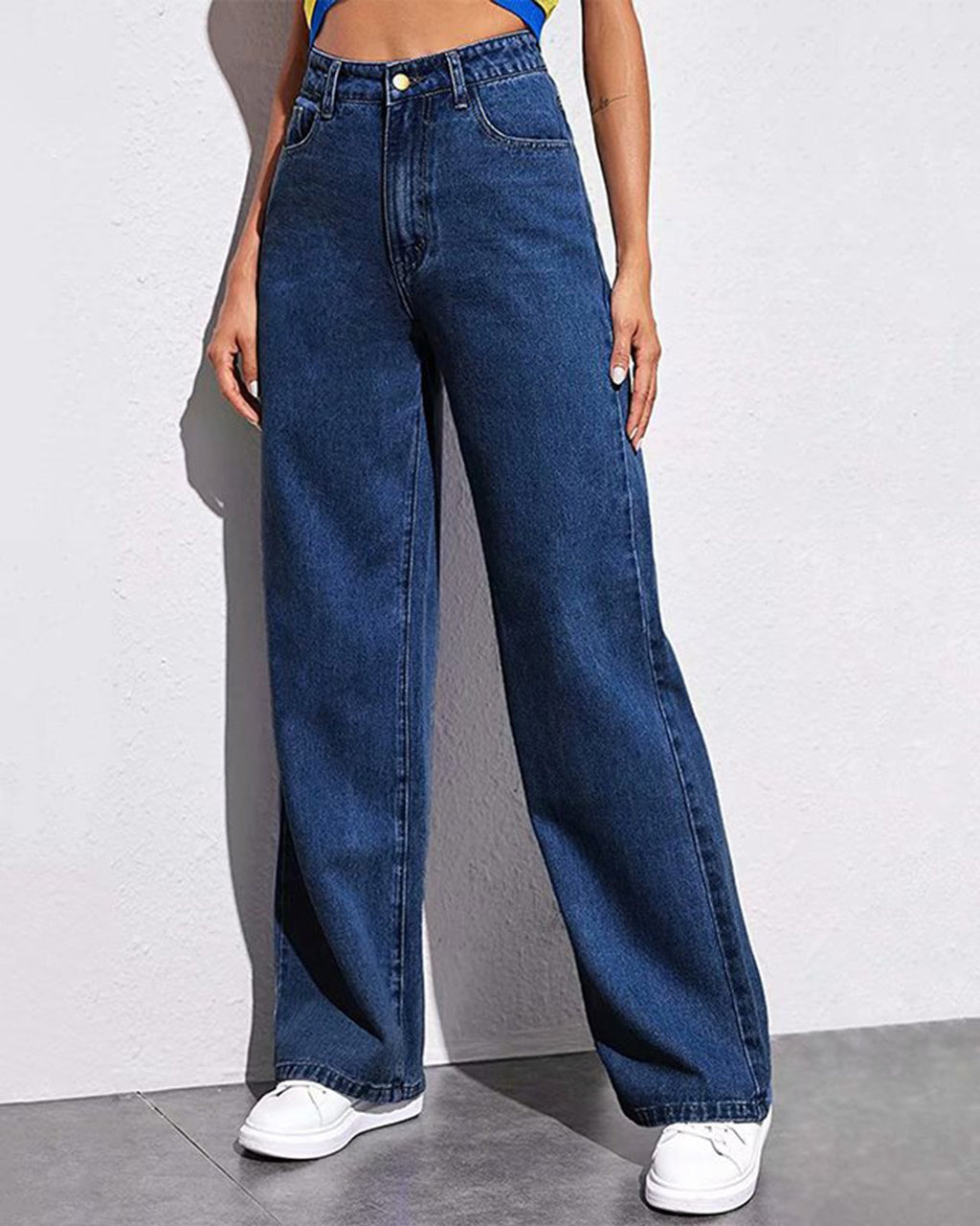 Classic High Rise Straight Wide Leg Jeans - Dark-Blue