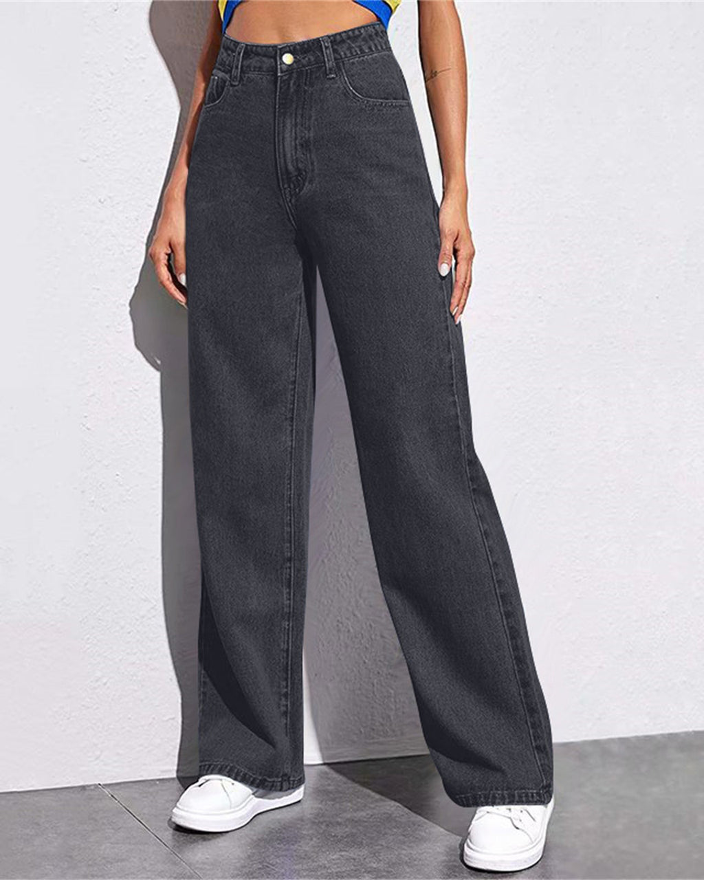 Classic High Rise Straight Wide Leg Jeans - Dark-Gray
